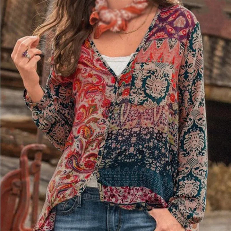 

Spring Autumn Women Casual Flower Print Shirt Linen Button Long Lantern Sleeve Shirt Tunic Blouse National Feature Wear