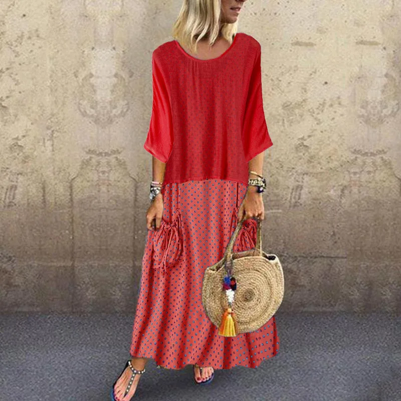 Женское платье в горошек с круглым вырезом и рукавом до локтя | Женская одежда