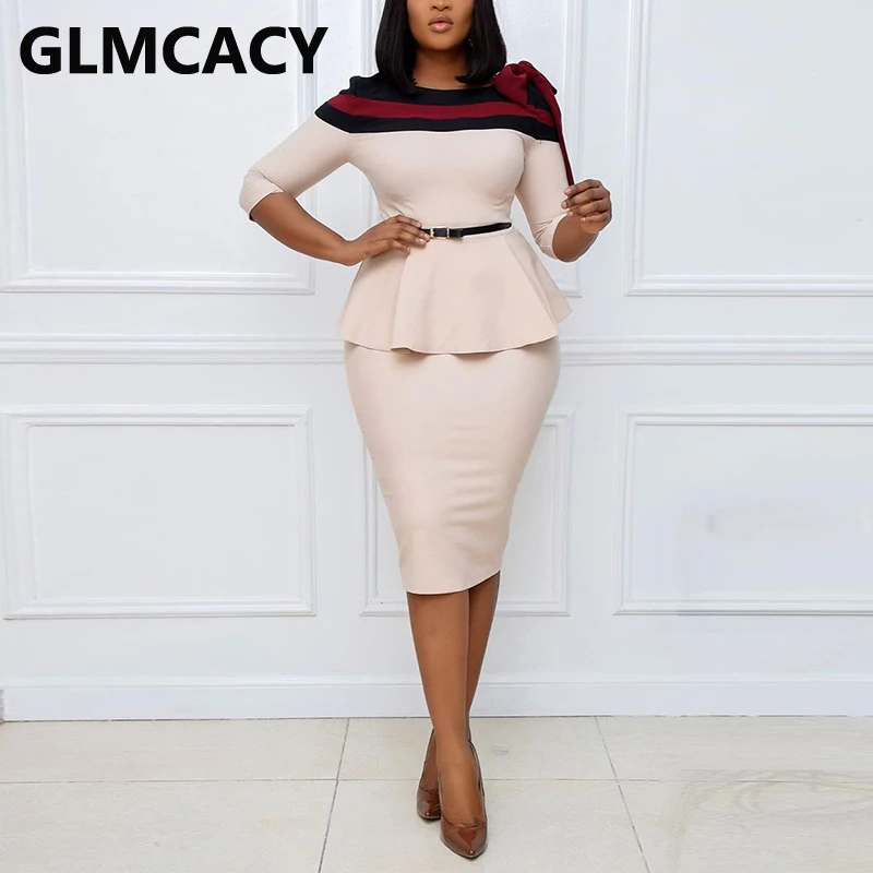 Женское офисное элегантное платье Пеплум средней длины с рукавом до локтя |