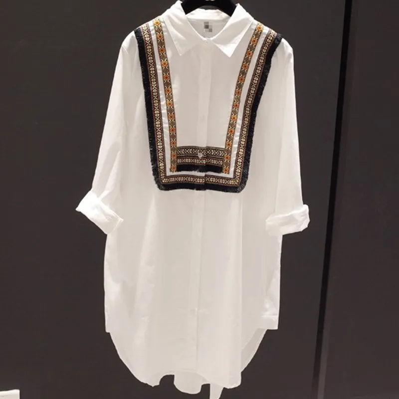 

Белая рубашка, Женская винтажная блузка с длинным рукавом и вышивкой, Женские повседневные топы, рубашка на пуговицах, женские топы