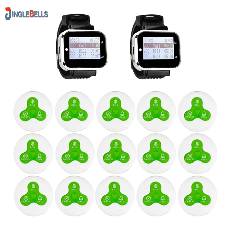 Wireless Waiter Calling System 2 Watch Receiver+15 Waterproof Pagers Transmitter for Restaurant Frequency 433.92 MHz