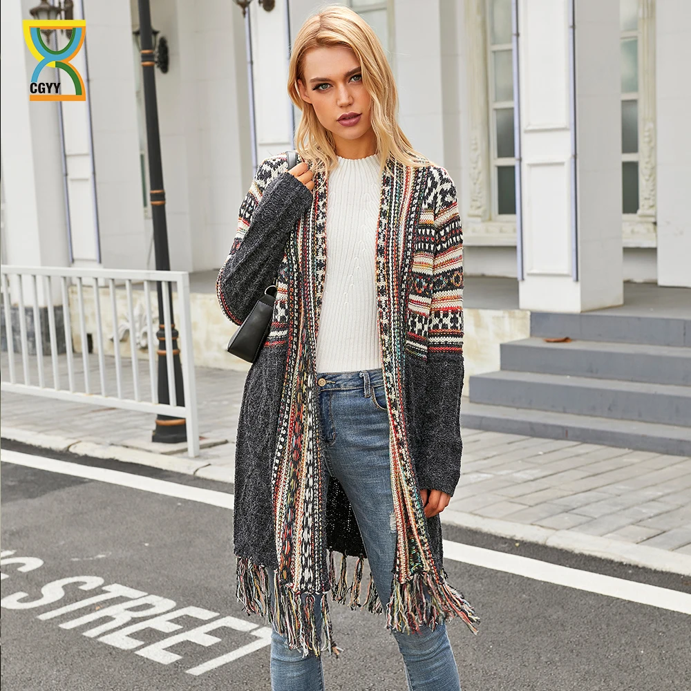 

Женский яркий свитер CGYY в стиле бохо, вязаный кардиган черного цвета с открытой передней частью и бахромой и карманами для осени и весны