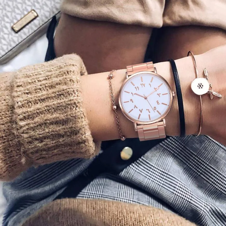 Женские модные арабские часы с цифрами простые кварцевые наручные из