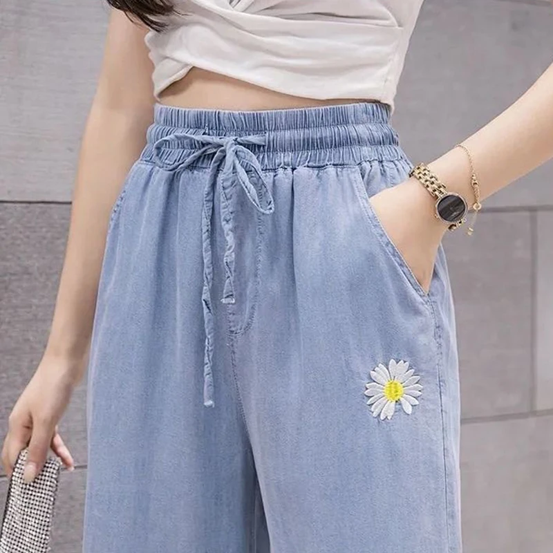 

Tencel Denim Wide Leg Pants Women's Summer High Waist Slim Thin Loose Drape Viscose Fiber Straight-Leg Pants Women