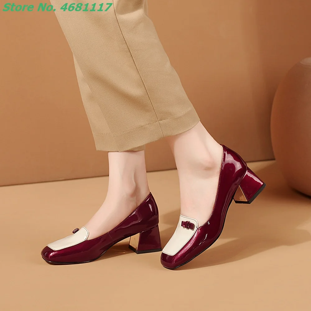 

Butterfly Knot Mixed Colors Shallow Pumps Med Block Heels Red Square Toe Cover Heel Slip On Women Professional Casaul Spring
