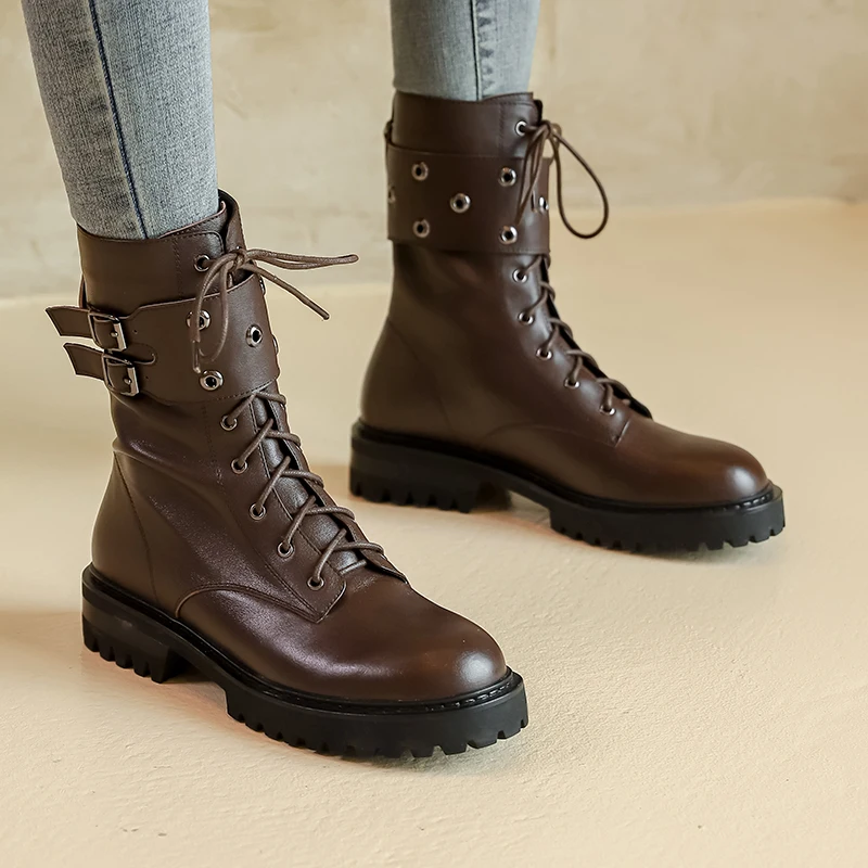

Winter Women Shoes Genuine Leather Round Toe Women Boots Platform Zip Female Boots Belt Buckle Motorcycle Boots Cross-tied ANKLE