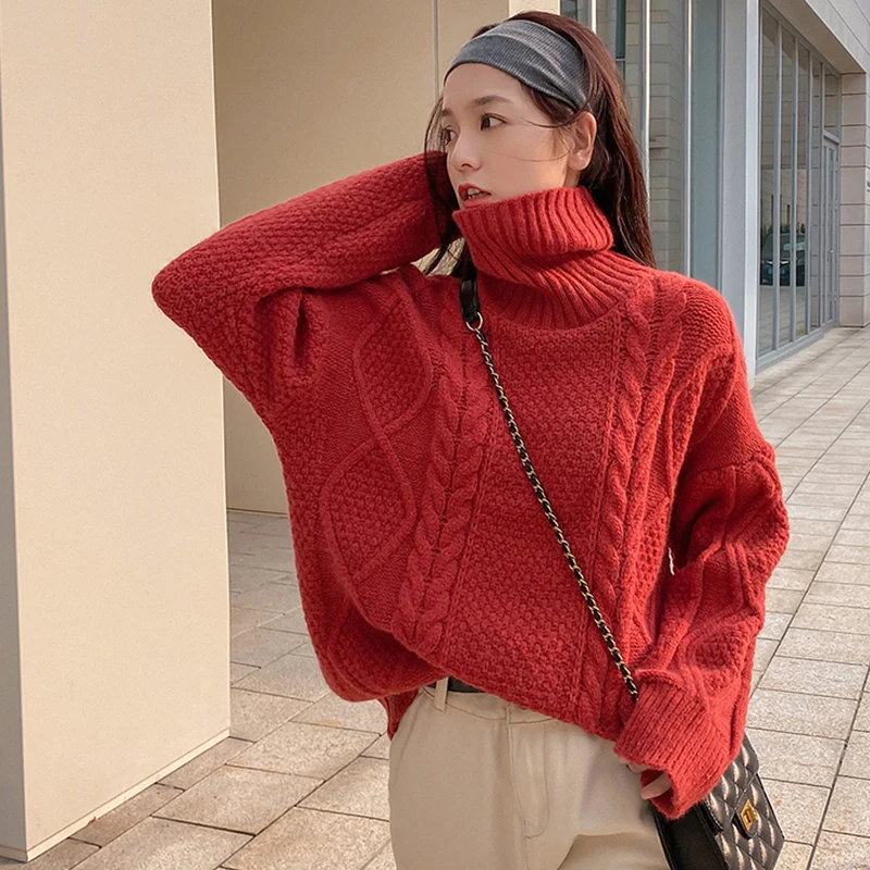 

Retro thick line high neck sweater women's winter thickened loose lazy student twist Pullover versatile top