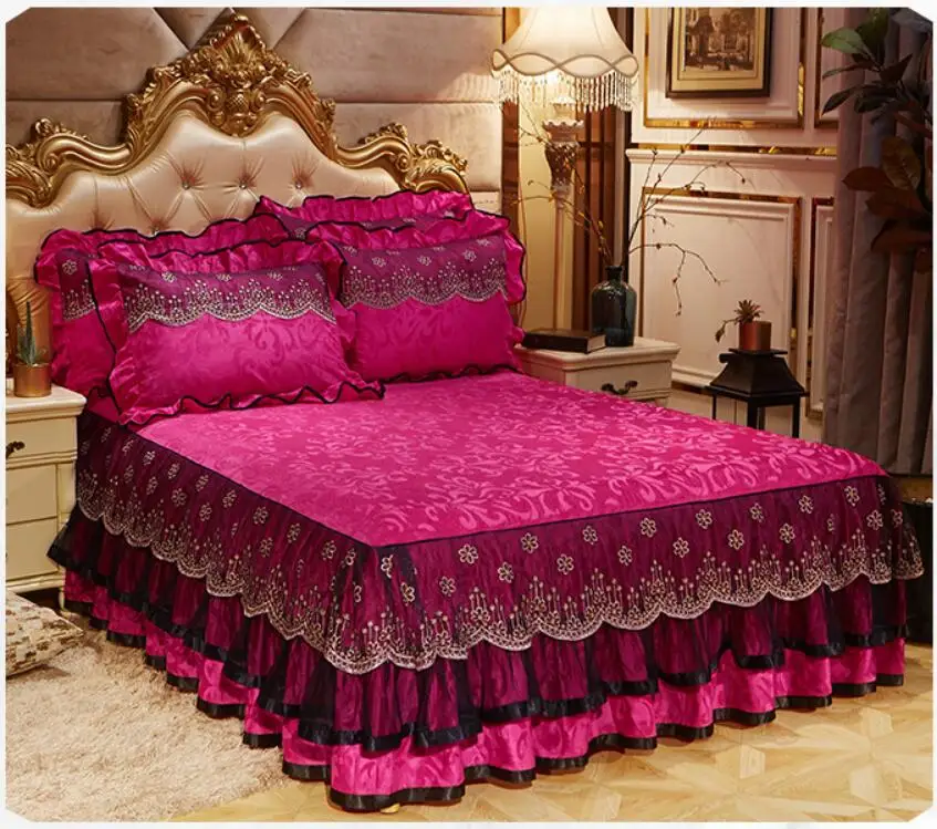 Rose red Зимние толстые бархатные постельные принадлежности кровать юбка наволочка 1/комплект из 3 предметов, кружевной постельные принадлежности наматрасник теплое покрывало кровать простыня домашний текстиль - Цвет: Rose red