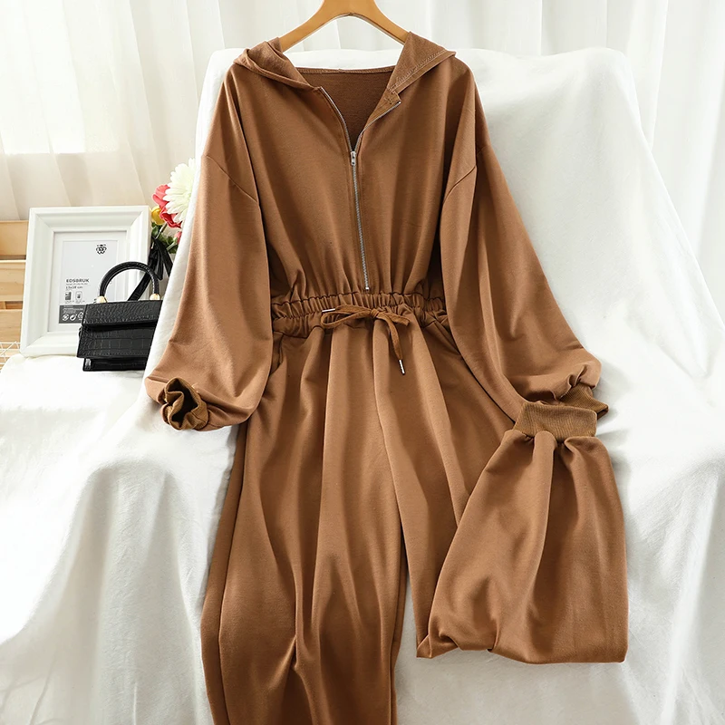 

Casual Autumn Ladies New Hooded High Waist Jumpsuit Strap Elastic Waist Female Temperament Long Sleeve Fashion Women Clothing