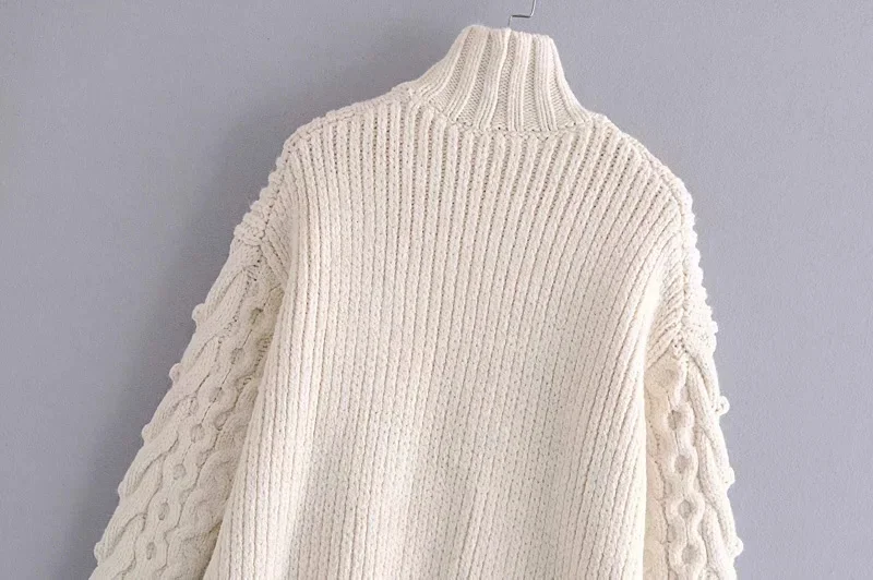 

Qeils Women Fashion Pompom Apliques Loose Cable-Knit Sweater Casual Vintage High Neck Long Sleeve Female Pullovers Chic Tops