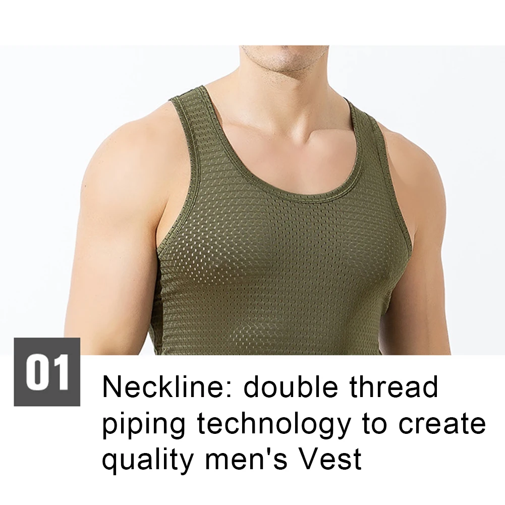 Мужской спортивный однотонный сетчатый прозрачный топ без рукавов с круглым