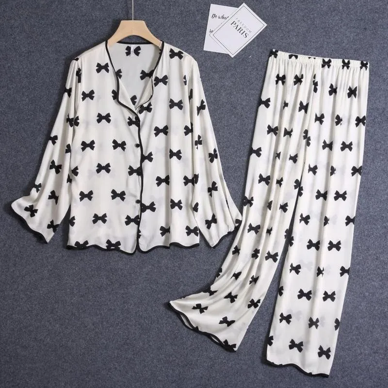 

Spring Summer 2PCS Sleepwear Black Satin Trouser Suits Loose Shirt&Pants Simple Style Pyjamas Suit Casual Sleep Set Home Wear
