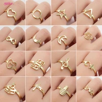stainless steel round triangle moon star heart sea wave music notes ecg tree leaf adjustable rings jewelry gift for women girls