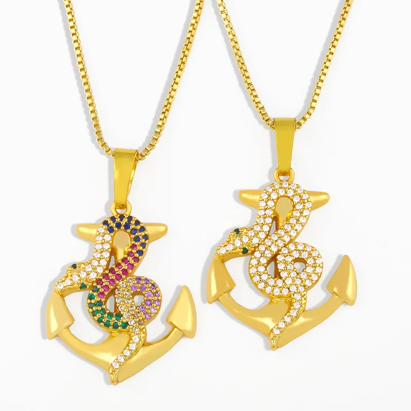 

Fashion Hip Hop Jewelry For Women Animal Snake-shape Anchor Pendant Colorful Zirconia Necklace Men Gold Plated Chain Choker Punk