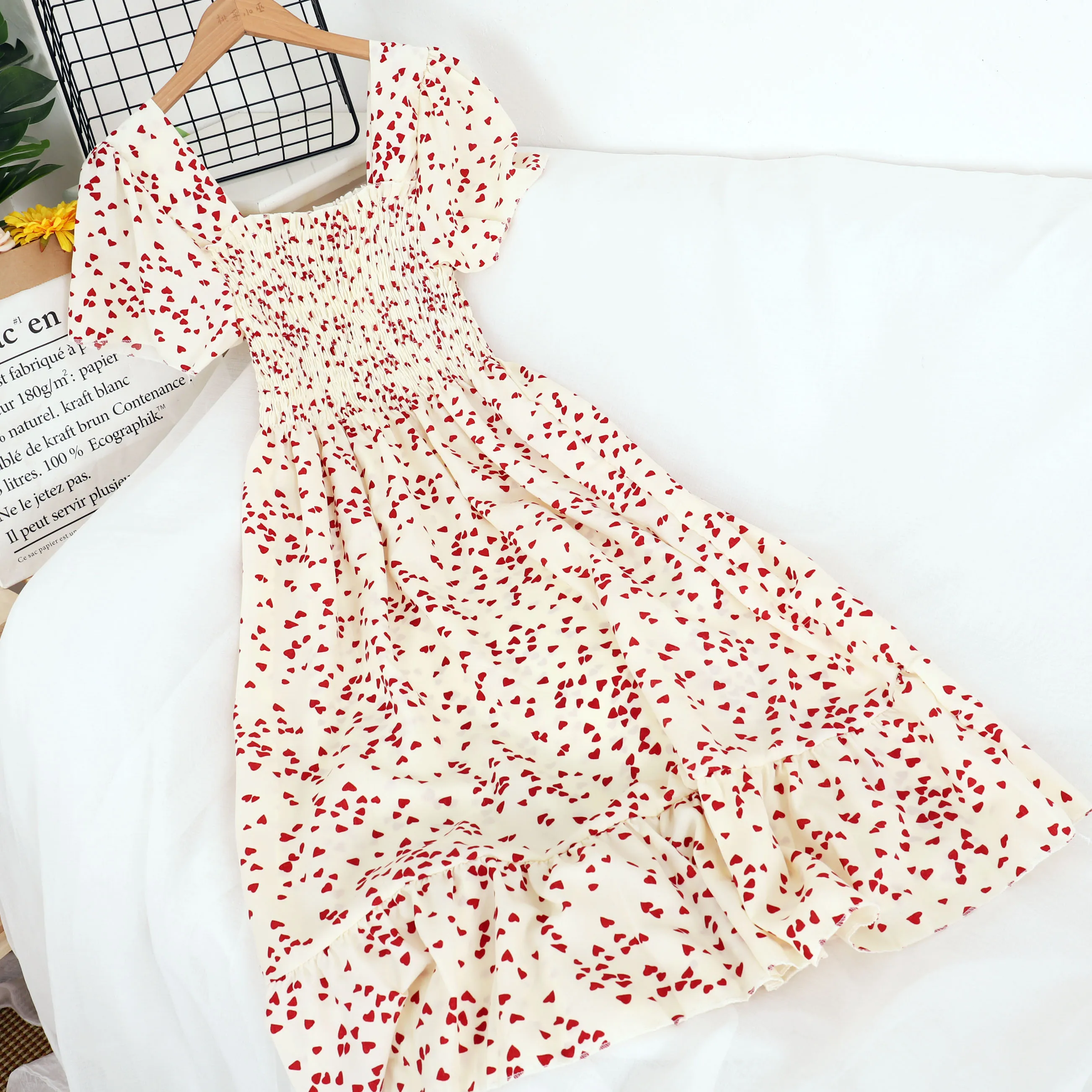 

Bohemian Summer Floral Print Dress Women Elegant Square Collar Short Sleeve A-line Ruffle Vestidos Casual Flower Chiffon Dresses