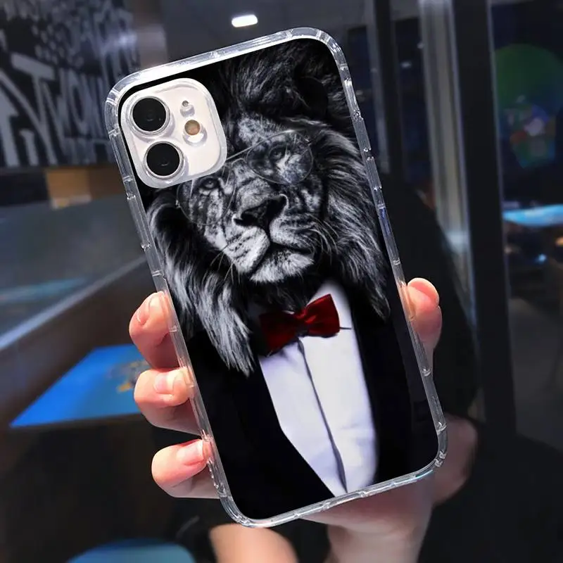 

Man Suit Shirt Tie lion animal Phone Case Transparent soft For iphone 5 5s 5c se 6 6s 7 8 11 12 plus mini x xs xr pro max