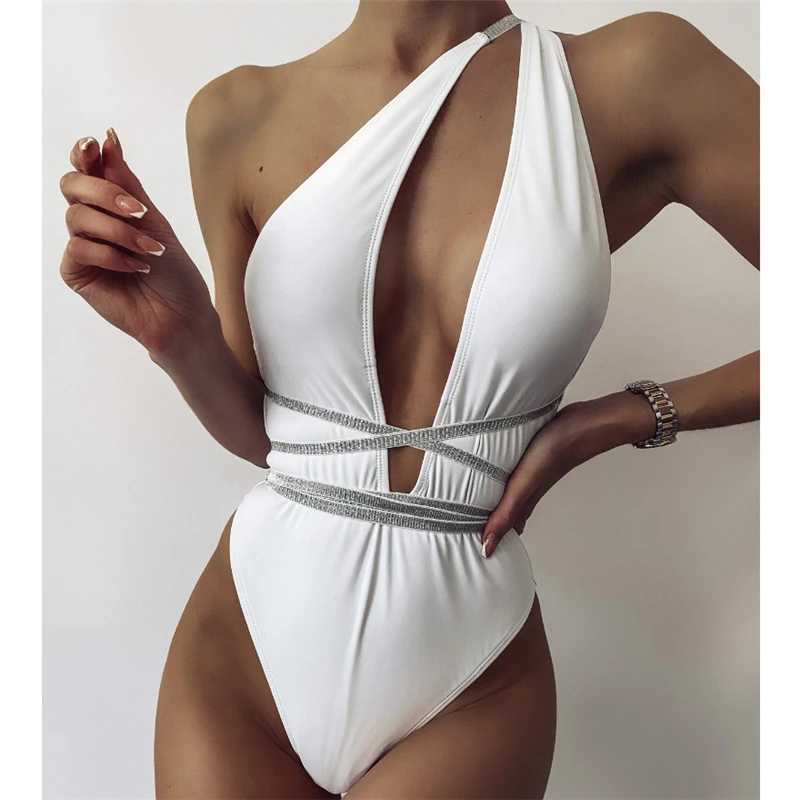 

GNIM One Shoulder Swimwear Women Sexy Hollout Out Bandage Backless Swimsuit Female One-Piece White Swim Bathing Suit Biquini New