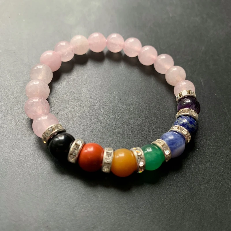 

Natural 7 Chakra Stones Pink Rose Quartz Beads Crystal Spiritual Healing Crystals Strand Bracelet Wrist Decoration