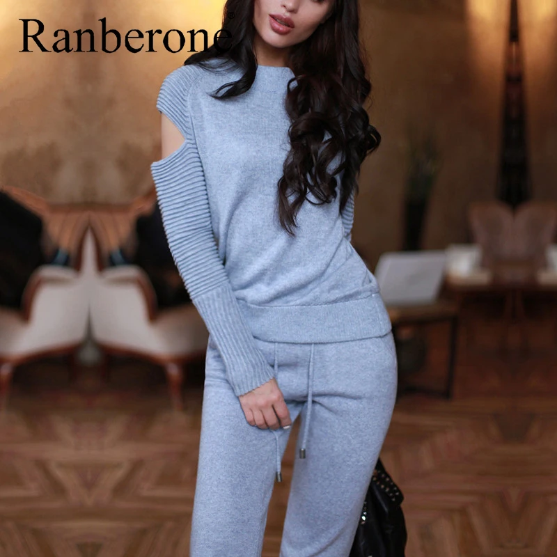 Ranberone 2 Piece Sport Suit Female Cold Shoulder Sweatshirt Top + Casual Pants Outfits Set Fitness Women's Tracksuit Womenswear