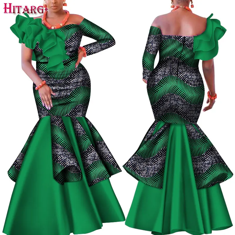 Dashiki African Dress for Women Bazin Riche One-Shoulder Sexy Slash Neck Wedding Party Dress Traditional African Clothing WY4224