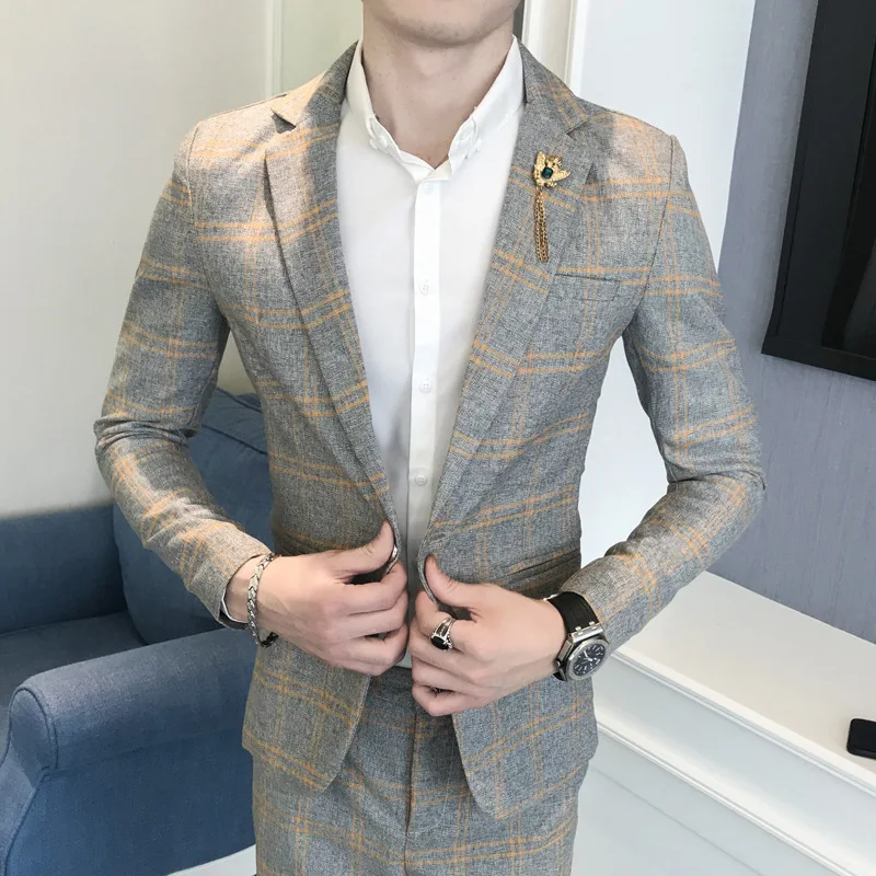 2021 spring and autumn new Korean style slim-fit men's two-piece suit plaid suit jacket suit without slits men clothing