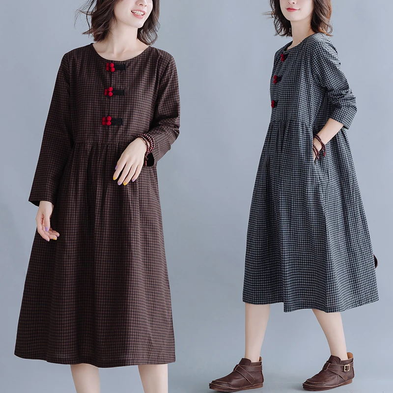 

Artistic Retro Small Plaid Cotton and Linen Long-Sleeved Dress Autumn Loose Slimming Buckle A- line Casual Midi Dress Women