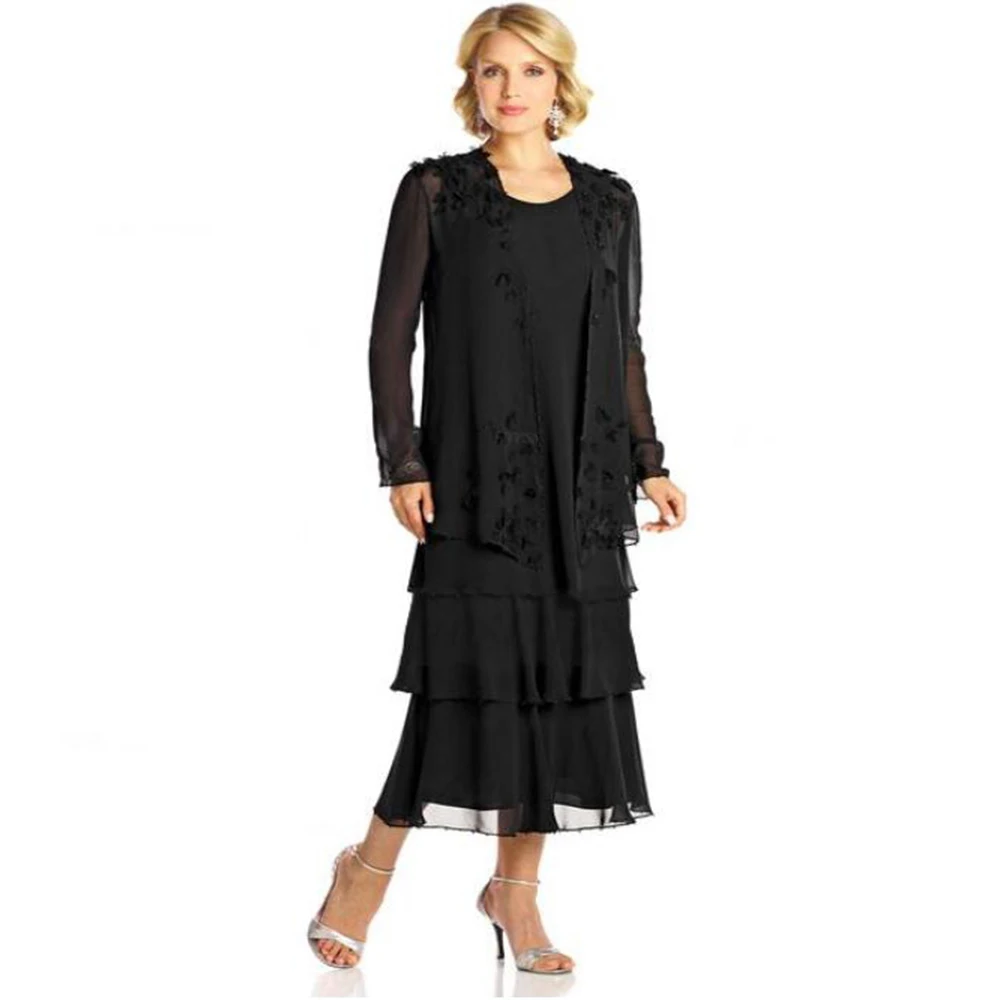 

Изысканные шифоновые черные платья до середины икры без рукавов для матери невесты с пальто платья для свадебной вечеринки многоярусная юб...