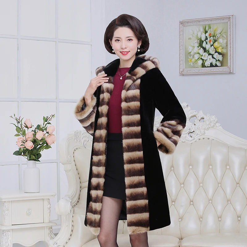 

Winter Mink Fur Coat Middle-aged Womens Long Warm Fuax Fur Jacket Coat Woman Thicken Hooded Mink Fur Overcoat Winter Warm Jacket