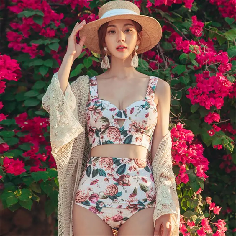 

Korean High Waist Bikini Sets Push Up Women's Swimsuit Floral Print Bikinis Mujer Two-piece Swimwear Bathing Swim Suit Badpak XL
