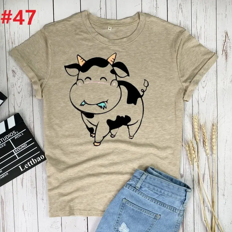 

Cartoon cow Print T-shirts Women Summer 2021 tee Shirts for Women Casual Harajuku Clothes Loose Short Sleeve Ladies Top