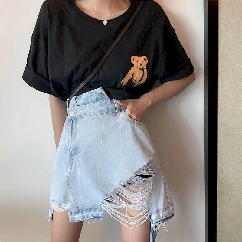 

Net Red Hole Irregular Denim Skirt Mini Skirts for Women Sweet Solid High Waist Was A-line Hip Short Empire Hollow Out Sweet
