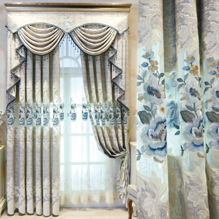

New European Luxury White Curtains for Living Dining Room Bedroom Fabric Chenille Embroidery Valance Curtain Fabric Custom