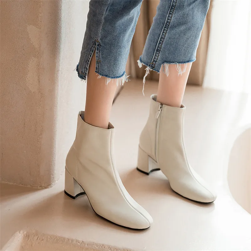 

Meotina Natural Genuine Leather High Heel Ankle Boots Short Boots Women Shoes Zip Thick Heels Ladies Boots Autumn White Black 43