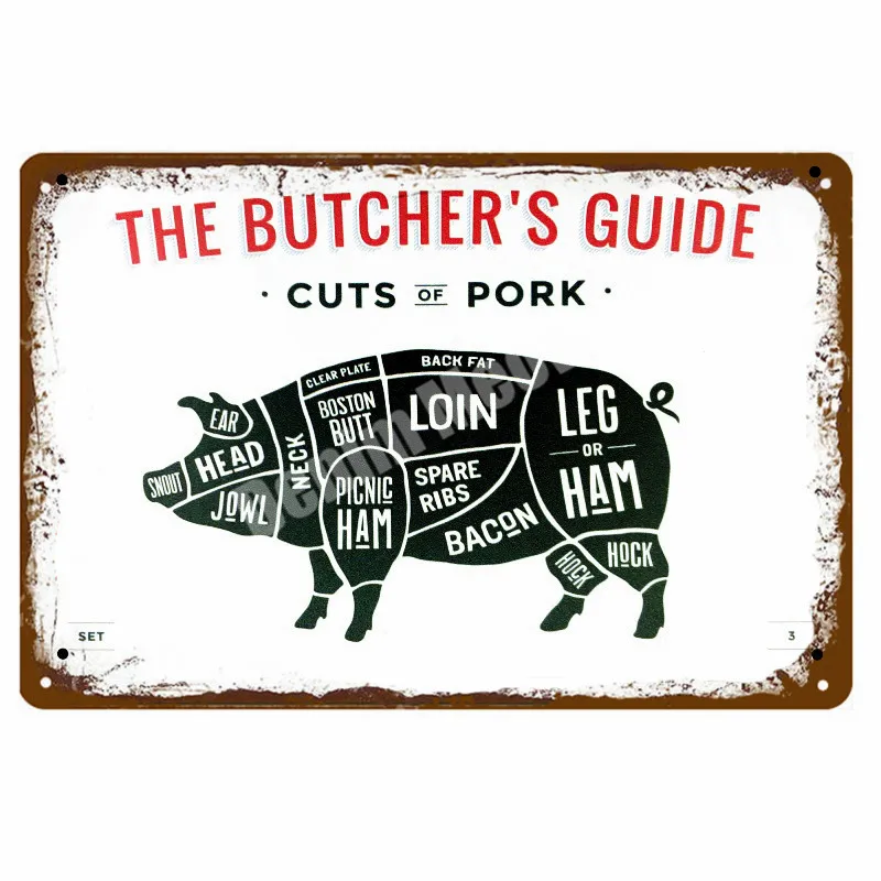 W Руководство BUTCHER'S винтажные металлические вывески срезанная говядина корова курица свинина утка плакат кухня декоративные тарелки табличка наклейки на стену N286 - Цвет: W