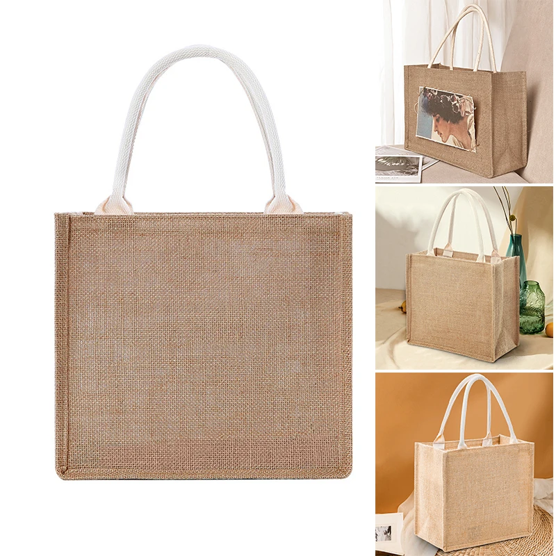 

Jute Tote Bags Burlap Bags with Soft Handles Reusable Shopping Bags Women's Summer Beach Travel Bag A66