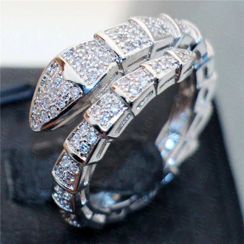 

Brand 925 Sterling Silver Snake Rings for Women Luxury Pave Diamond Engagement Ring Wedding white topaz Jewelry Stamped 10kt