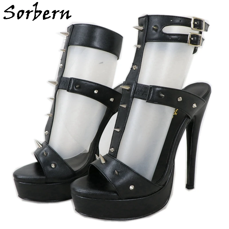 

Sorbern Black Matt Sandals Women Rivets T-Straps High Heel Platform Summer Shoe Studs Lady Stilettos Punk Style Custom Slingback