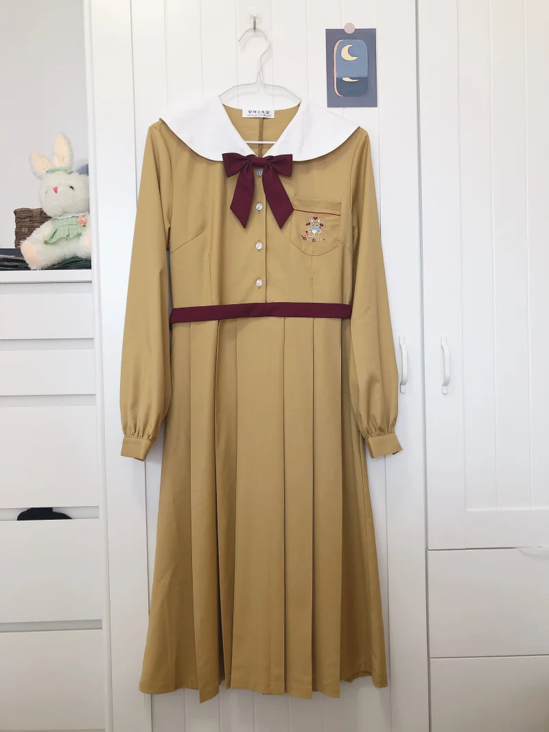 

Japanese JK Umifrom Girl Irregular Lapel Bow Tie Long Sleeve Dress Cartoon Pattern Embroidery Solid Color Mid-calf Dresses Women