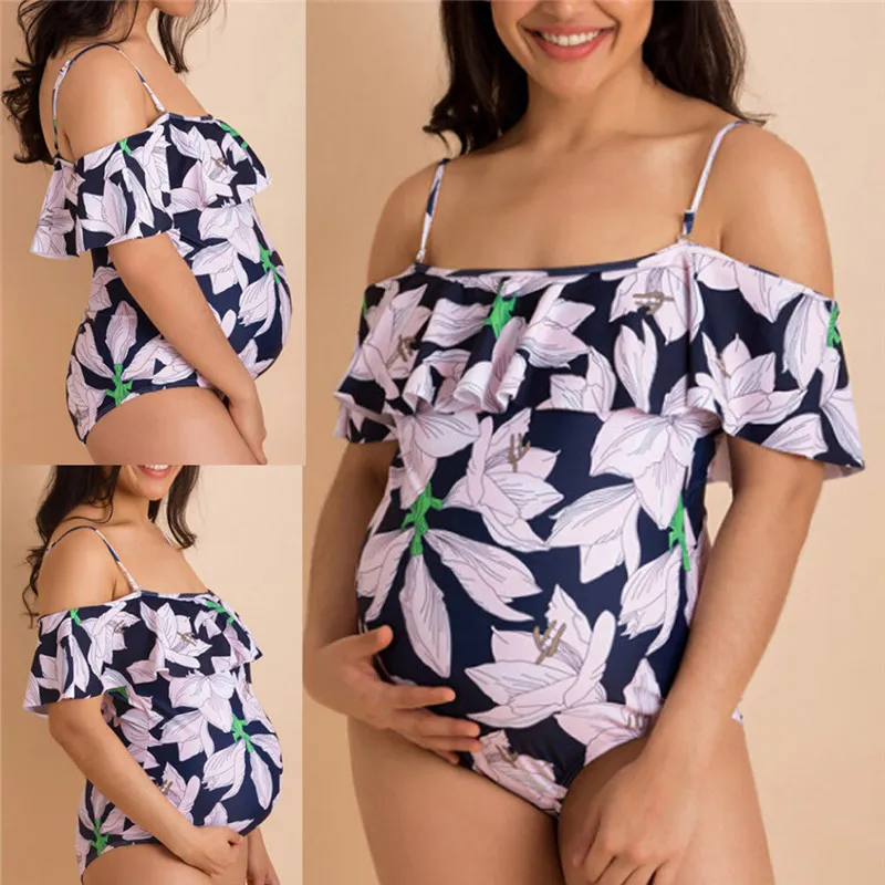 Женский купальник для беременных слитный с цветочным принтом и оборками пляжная