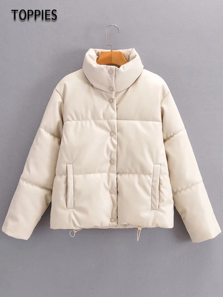 

2021Toppies Winter Jacket Stand Collar Faux Leather Coat Thicker Warm Cotton Padded Parkas Ladies Outwear