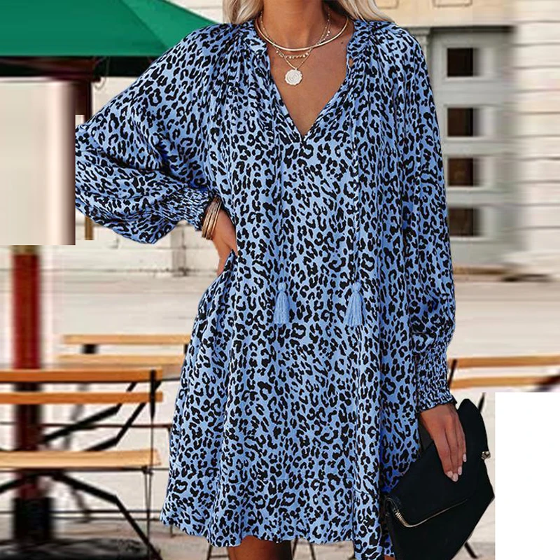

Elegant V-Neck Tassel Design A-Line Dress Women New Summer Vintage Leopard Print Party Dresses Casual Long Sleeve Loose Dresses
