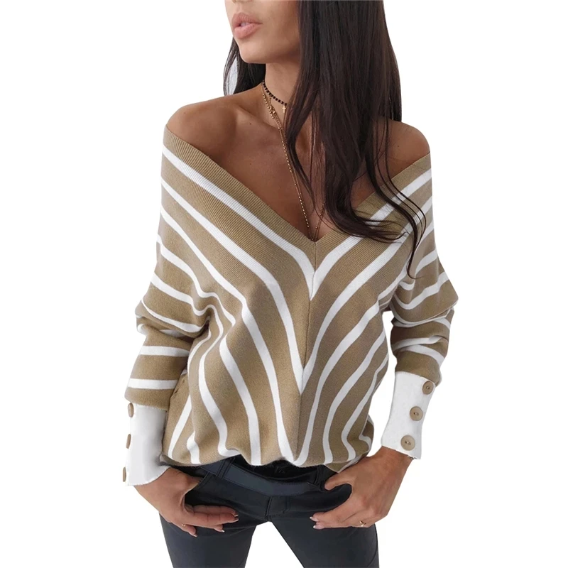 

2021 Women Fashion Off Shoulder Knitted Sweater Sexy V Neck Long Sleeve Striped Loose Pullover Spring Autumn Clothes
