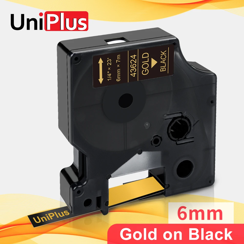 

UniPlus 43624 золото на черной яркости для Dymo D1 принтер для этикеток LabelManager 260D 280 300 450 360D 6 мм * 7 м наклейка