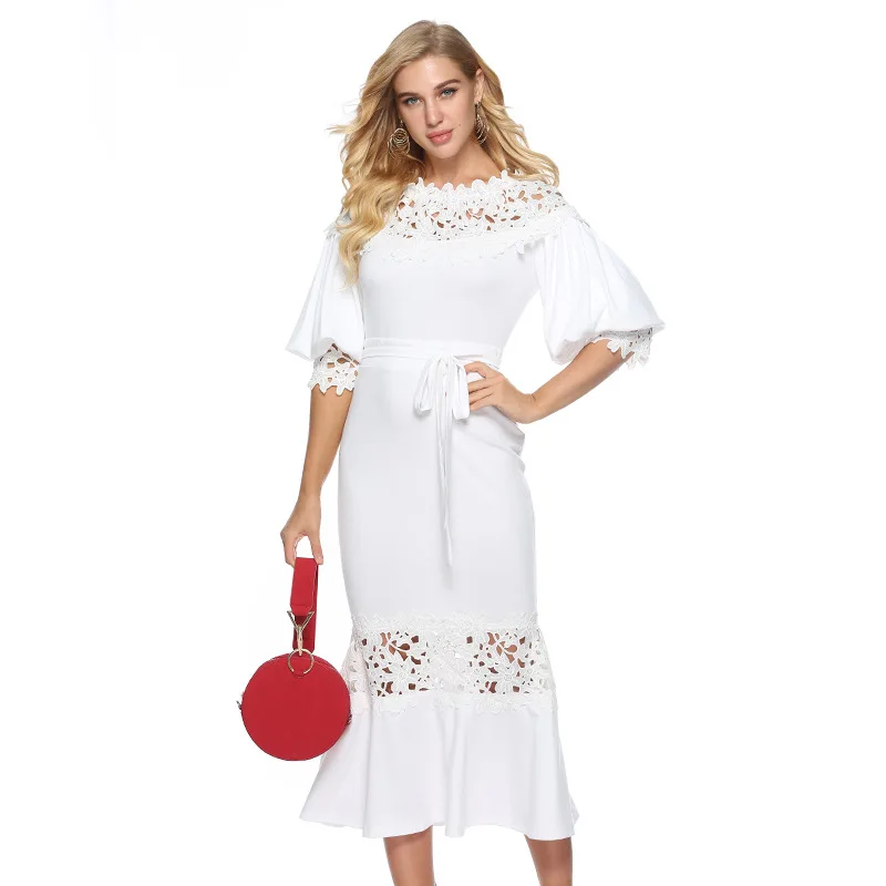 

2020 Summer Dress Women Elegant Sexy Robe Hollow Out Carved White Lace Dress Vintage Lantern Half Sleeve Patchwork Party Dress