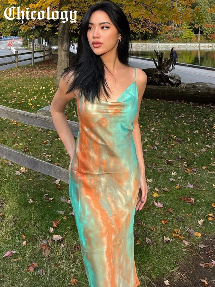 

Chicology 2021 Women Patchwork Tie Dye Sleeveless A Style Midi Fashion Satin Elegant Autumn Winter Midi Party Club Evening Dress