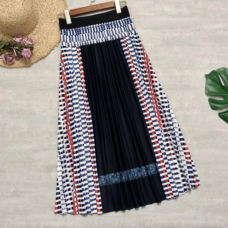 

2021 Women Pleated Skirts Plaids Patchwork Bohemia Printing Long Skirts Plus Size Elastic Waist Midi vintage Skirts