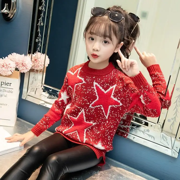 

Christmas Children Sweaters Star Pattern Warm Knitted Pullovers for Girls Outerwear Coat Big Girl Clothing 4 6 8 9 12Years