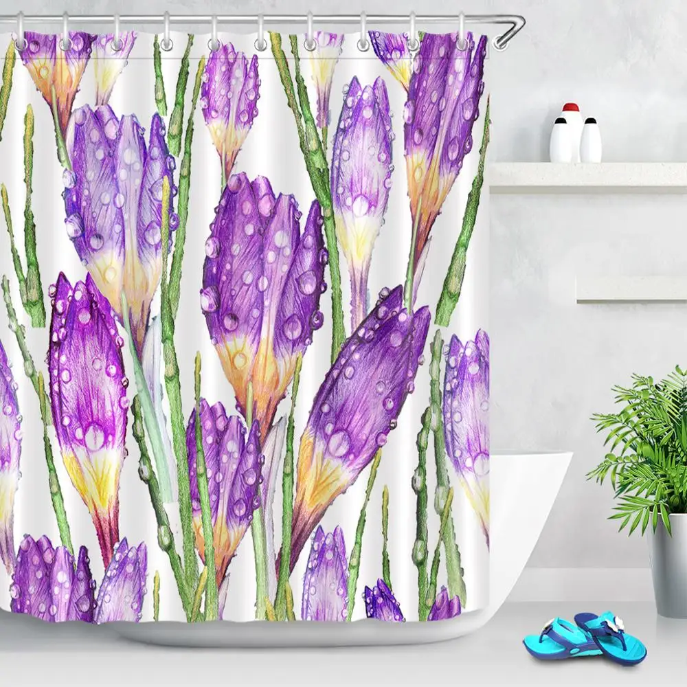 

Занавеска для душа из полиэстера, водонепроницаемая, с фиолетовыми цветами