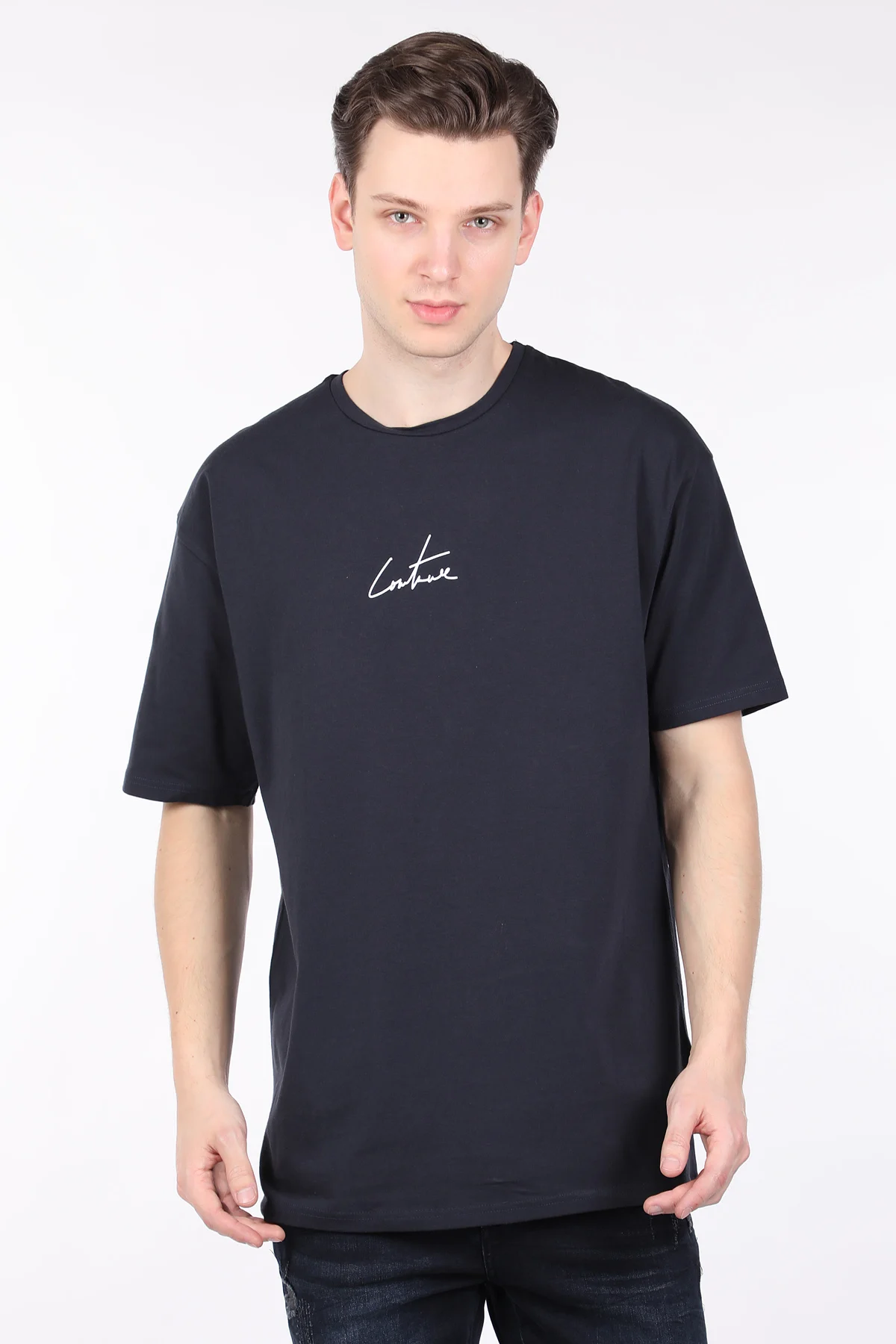 

Male Navy Blue Back Written Bicycle Neck T-shirt