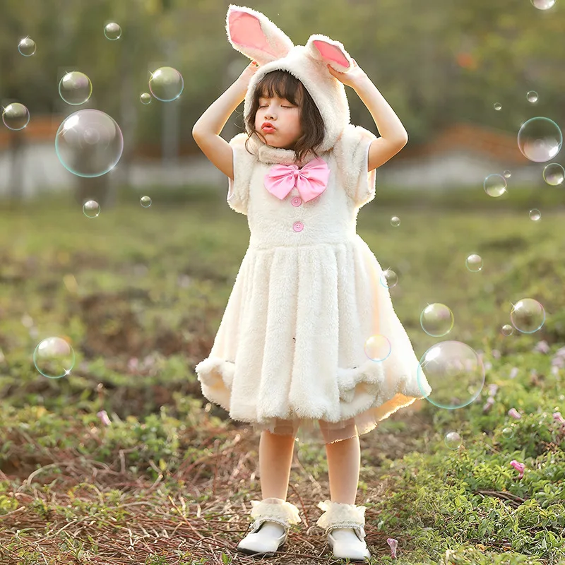

Lovely girl rabbit Dress Girls with Ears dress Kids Birthday Party Stage costume Cartoon Costume Dress